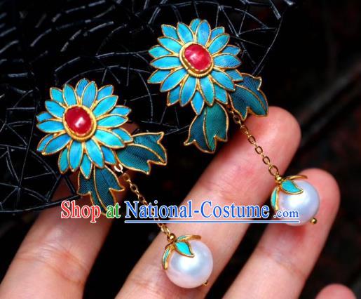 China Classical Ruby Ear Jewelry Traditional Cheongsam Cloisonne Chrysanthemum Earrings