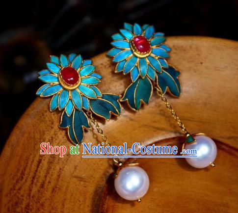 China Classical Ruby Ear Jewelry Traditional Cheongsam Cloisonne Chrysanthemum Earrings