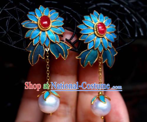 China Classical Ruby Ear Jewelry Traditional Cheongsam Cloisonne Chrysanthemum Earrings