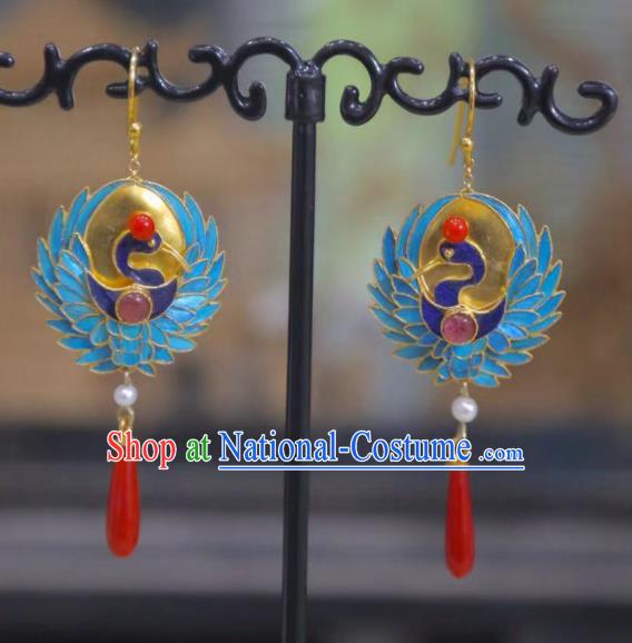 Chinese Ancient Court Lady Blueing Phoenix Ear Accessories Traditional Jewelry Qing Dynasty Empress Agate Earrings