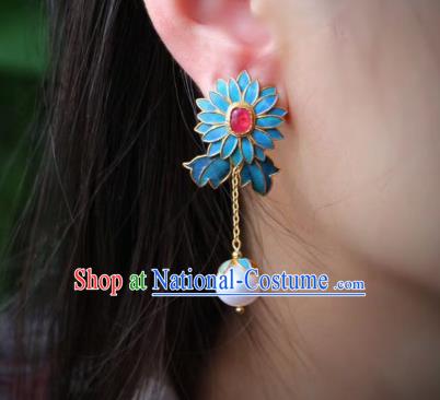 China Classical Ruby Ear Jewelry Traditional Cheongsam Cloisonne Chrysanthemum Earrings