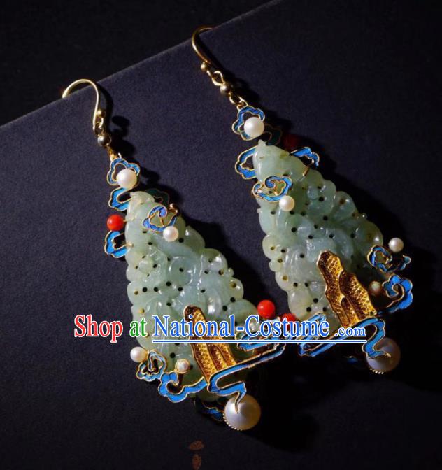 Chinese Qing Dynasty Empress Earrings Ancient Court Lady Blueing Ear Accessories Traditional Jade Jewelry