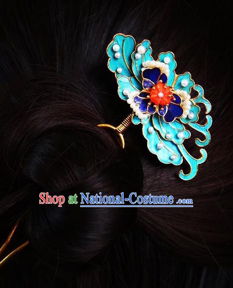 Chinese Handmade Blueing Pearls Hair Stick Traditional Ancient Qing Dynasty Court Hairpin