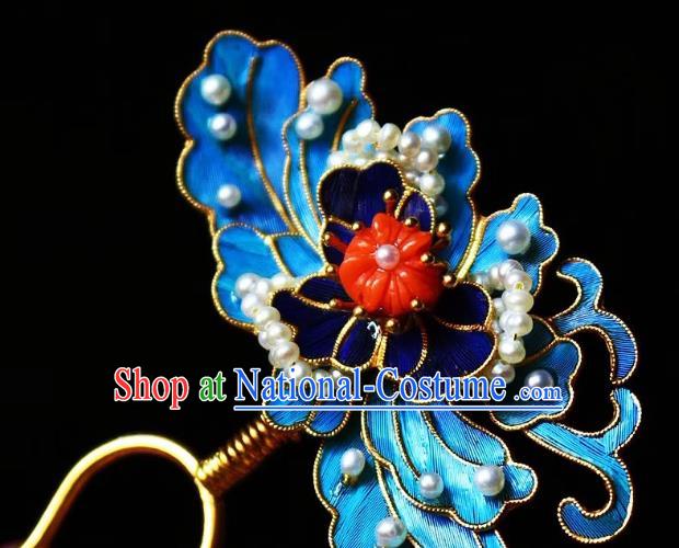 Chinese Handmade Blueing Pearls Hair Stick Traditional Ancient Qing Dynasty Court Hairpin