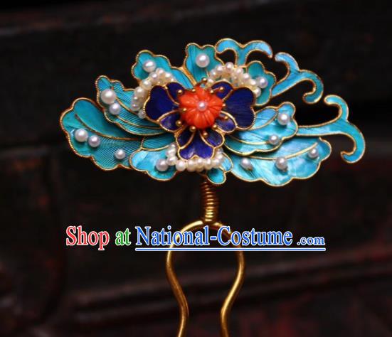 Chinese Handmade Blueing Pearls Hair Stick Traditional Ancient Qing Dynasty Court Hairpin