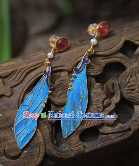 Chinese Qing Dynasty Palace Blueing Feather Earrings Traditional Jewelry Ancient Empress Tourmaline Ear Accessories