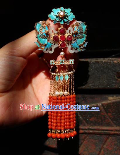 China Handmade Tourmaline Brooch Jewelry Traditional Qing Dynasty Court Jade Accessories Red Beads Tassel Pendant