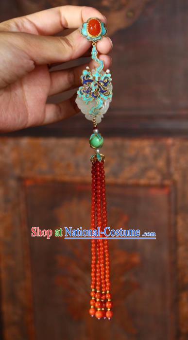 China Handmade Blueing Brooch Jewelry Traditional Qing Dynasty Red Beads Tassel Pendant Jade Accessories