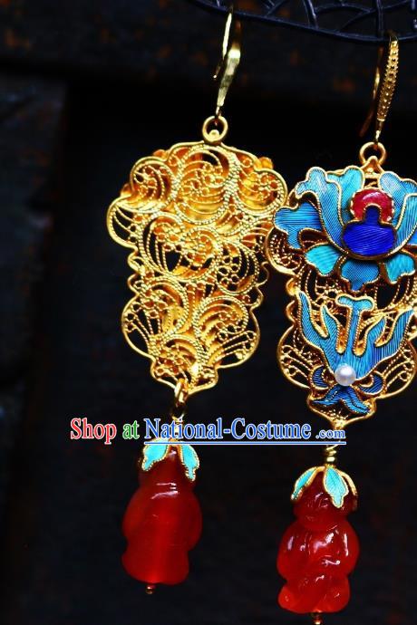 China Classical Qing Dynasty Blueing Agate Ear Jewelry Traditional Cheongsam Earrings