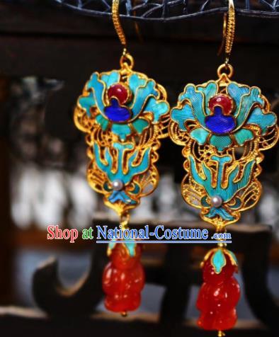 China Classical Qing Dynasty Blueing Agate Ear Jewelry Traditional Cheongsam Earrings