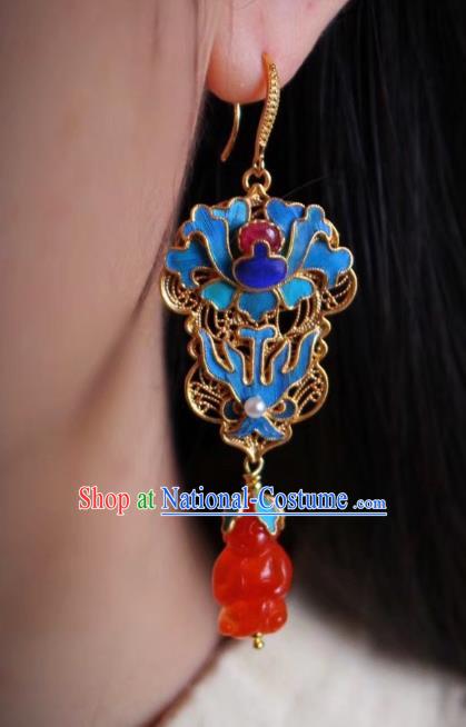 China Classical Qing Dynasty Blueing Agate Ear Jewelry Traditional Cheongsam Earrings