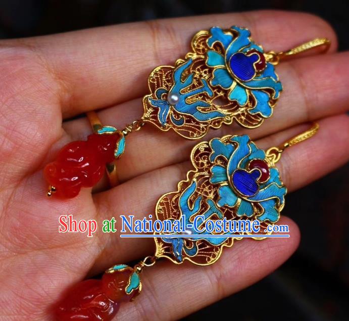 China Classical Qing Dynasty Blueing Agate Ear Jewelry Traditional Cheongsam Earrings