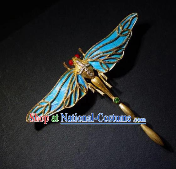 China Traditional Qing Dynasty Emerald Jewelry Handmade Ancient Court Blueing Dragonfly Brooch Accessories