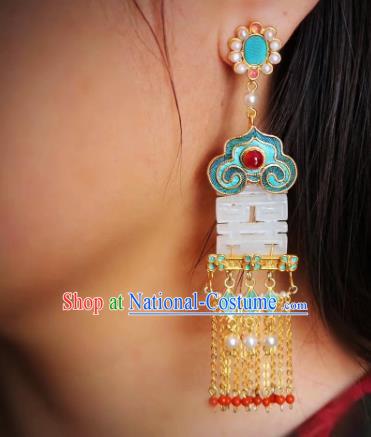 China Classical Garnet Tassel Ear Jewelry Traditional Wedding Cheongsam Jade Earrings