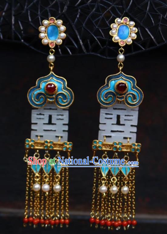 China Classical Garnet Tassel Ear Jewelry Traditional Wedding Cheongsam Jade Earrings