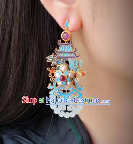 China Classical Garnet Pearls Ear Jewelry Traditional Cheongsam Wedding Jade Earrings