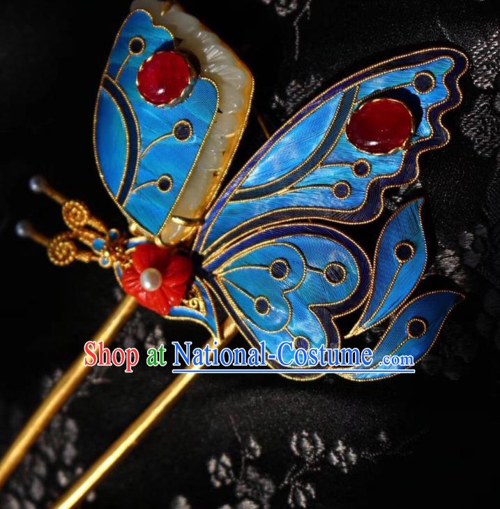 Chinese Handmade Garnet Hair Stick Traditional Ancient Qing Dynasty Cloisonne Butterfly Hairpin