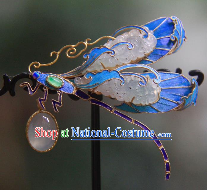 China Handmade Ancient Court Blueing Dragonfly Brooch Accessories Traditional Qing Dynasty Jade Jewelry