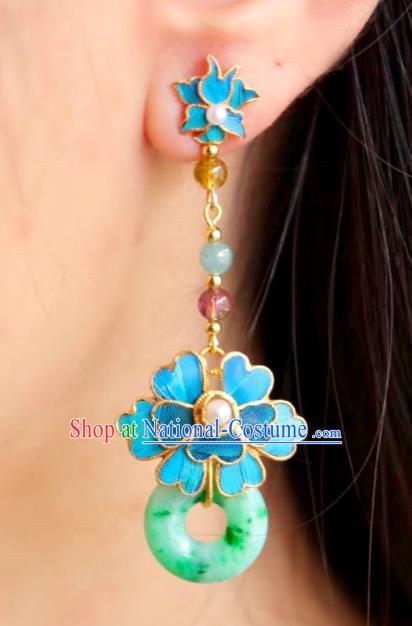 China Classical Jadeite Ear Jewelry Traditional Cheongsam Blue Flower Earrings