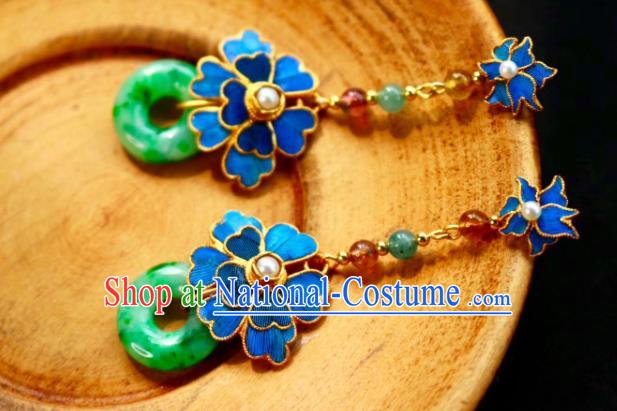 China Classical Jadeite Ear Jewelry Traditional Cheongsam Blue Flower Earrings