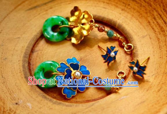 China Classical Jadeite Ear Jewelry Traditional Cheongsam Blue Flower Earrings