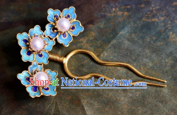 Chinese Handmade Blueing Plum Blossom Hair Stick Traditional Ancient Qing Dynasty Palace Pearls Hairpin