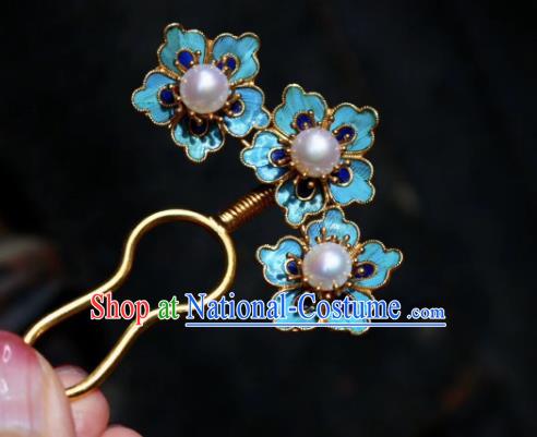 Chinese Handmade Blueing Plum Blossom Hair Stick Traditional Ancient Qing Dynasty Palace Pearls Hairpin