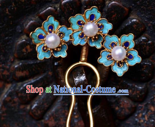 Chinese Handmade Blueing Plum Blossom Hair Stick Traditional Ancient Qing Dynasty Palace Pearls Hairpin