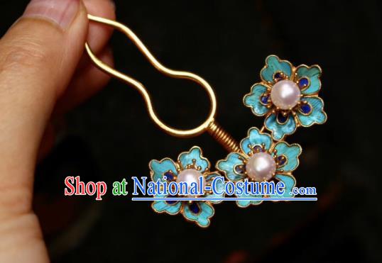 Chinese Handmade Blueing Plum Blossom Hair Stick Traditional Ancient Qing Dynasty Palace Pearls Hairpin