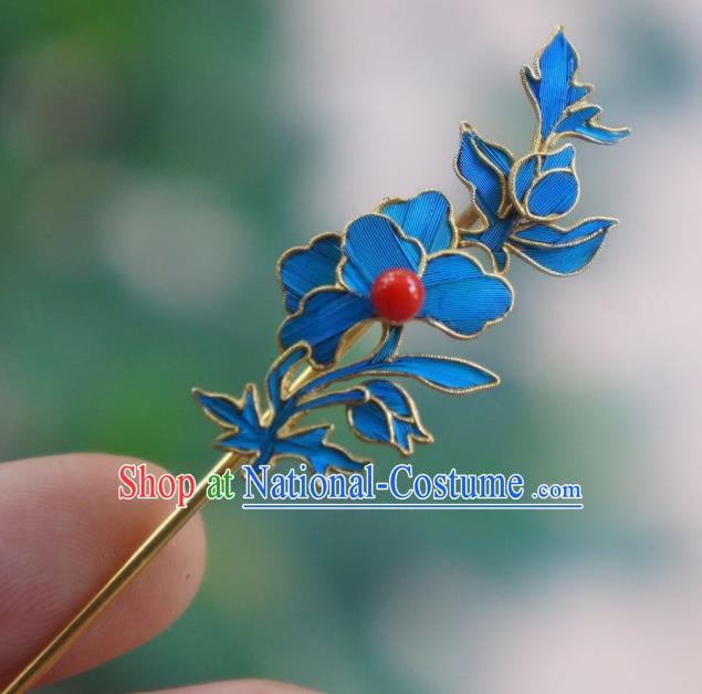 Chinese Ancient Empress Coral Hair Stick Traditional Hair Jewelry Qing Dynasty Blue Peony Hairpin