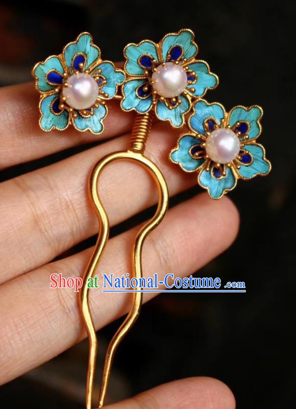 Chinese Handmade Blueing Plum Blossom Hair Stick Traditional Ancient Qing Dynasty Palace Pearls Hairpin