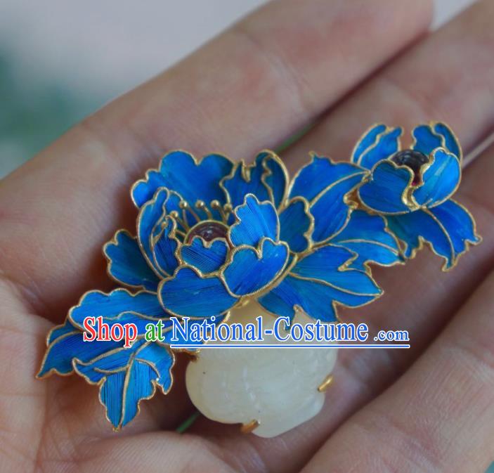 China Handmade Ancient Court Blue Peony Brooch Accessories Traditional Qing Dynasty Jade Breastpin Jewelry