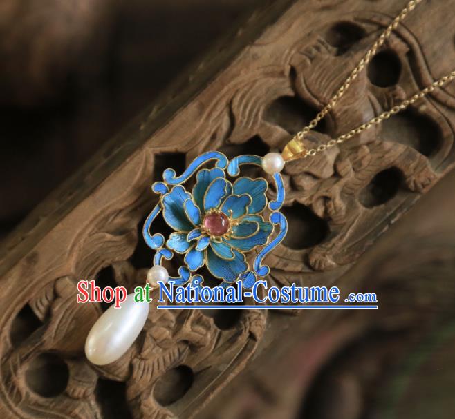 China Traditional Tourmaline Peony Necklace Jewelry Accessories Qing Dynasty Pearls Necklet Pendant