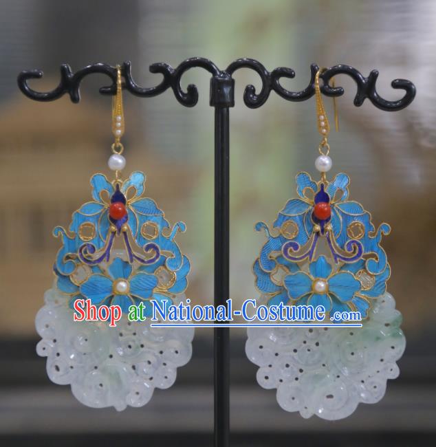 Chinese Qing Dynasty Pearls Earrings Traditional Jade Jewelry Ancient Empress Cloisonne Butterfly Ear Accessories