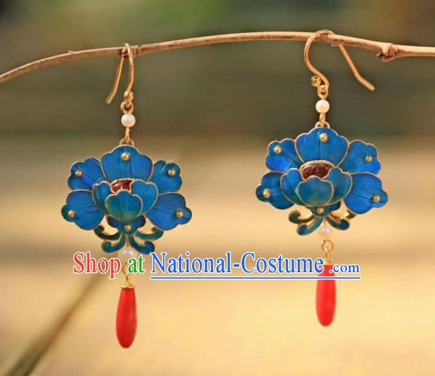 Chinese Traditional Ruby Jewelry Ancient Empress Agate Ear Accessories Qing Dynasty Blue Peony Earrings