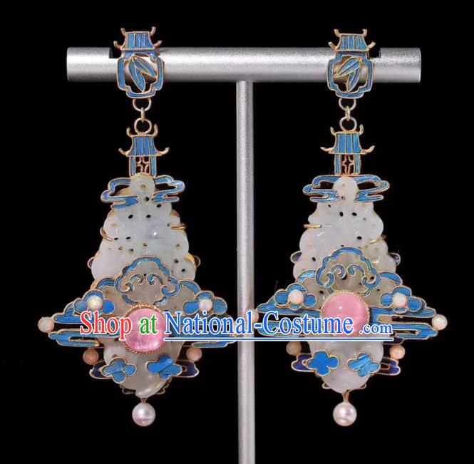 Chinese Traditional Tourmaline Jewelry Qing Dynasty Pearls Earrings Ancient Empress Jade Ear Accessories