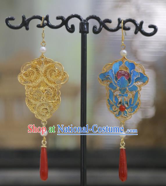 Chinese Qing Dynasty Agate Earrings Ancient Empress Tourmaline Ear Accessories Traditional Filigree Jewelry