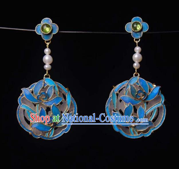 Chinese Traditional Pearls Jewelry Qing Dynasty Orchids Earrings Ancient Empress Jade Ear Accessories