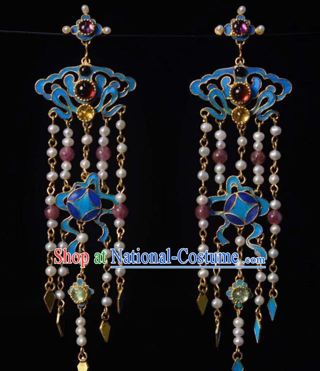 Chinese Ancient Empress Cloisonne Ear Accessories Traditional Jewelry Qing Dynasty Pearls Tassel Earrings