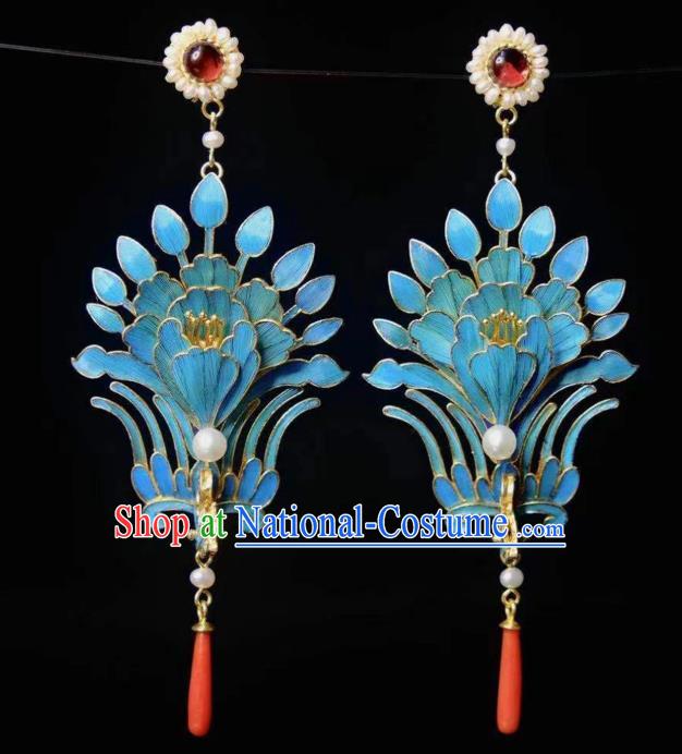 Chinese Ancient Empress Blueing Phoenix Ear Accessories Traditional Jewelry Qing Dynasty Pearls Earrings