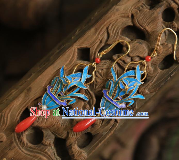 Chinese Traditional Qing Dynasty Blueing Orchids Earrings Jewelry Ancient Empress Agate Ear Accessories