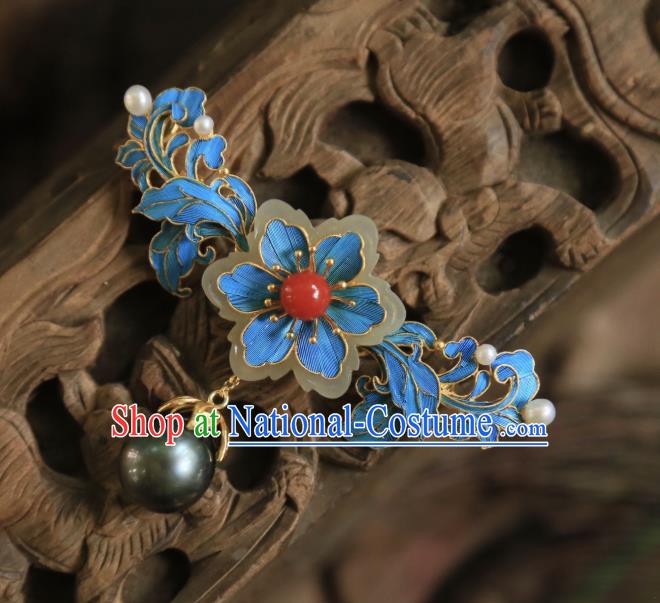 China Handmade Jade Plum Brooch Accessories Traditional Qing Dynasty Black Pearl Breastpin Jewelry