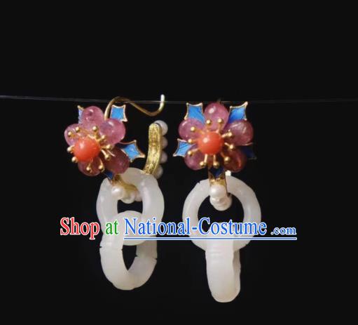 Chinese Ancient Empress Jade Ear Accessories Traditional Jewelry Qing Dynasty Tourmaline Plum Blossom Earrings