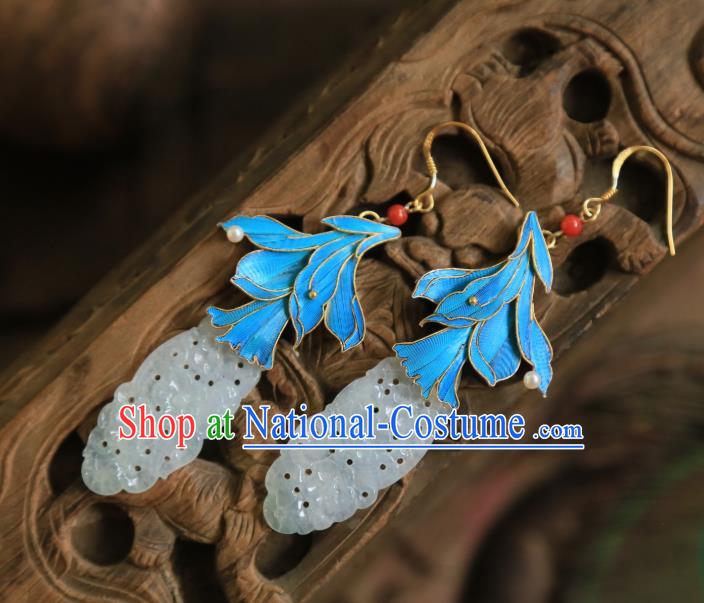 Chinese Traditional Handmade Jade Earrings Jewelry Ancient Empress Blueing Ear Accessories