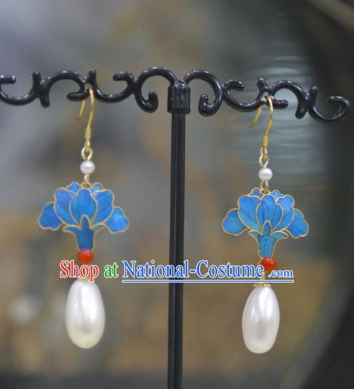 Chinese Handmade Pearls Earrings Jewelry Traditional Ancient Empress Cloisonne Peony Ear Accessories