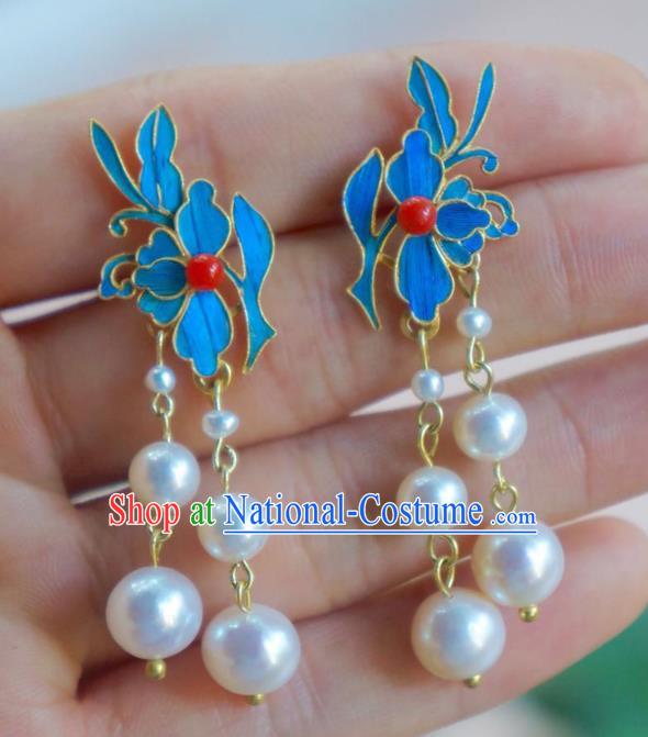 Chinese Traditional Ancient Empress Pearls Tassel Ear Accessories Handmade Earrings Jewelry