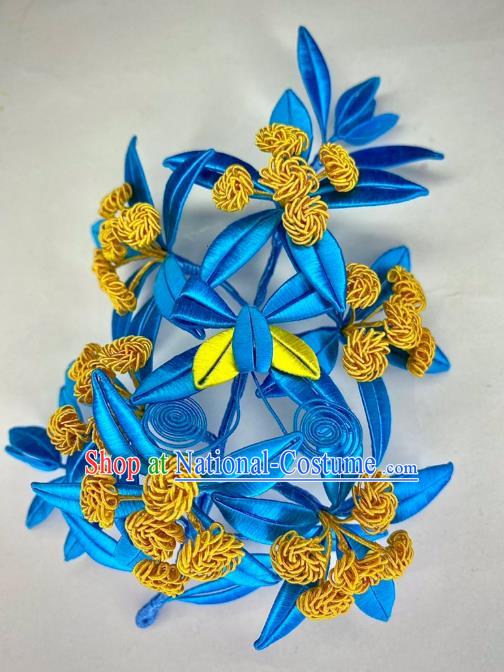 China Traditional Qing Dynasty Blue Silk Leaf Hairpin Ancient Empress Hair Comb