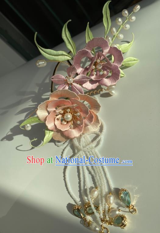 China Ancient Empress Pink Silk Peony Hair Stick Traditional Qing Dynasty Palace Lady Beads Tassel Hairpin