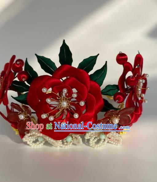 China Traditional Song Dynasty Court Pearls Hairpin Ancient Imperial Consort Red Rose Hair Crown