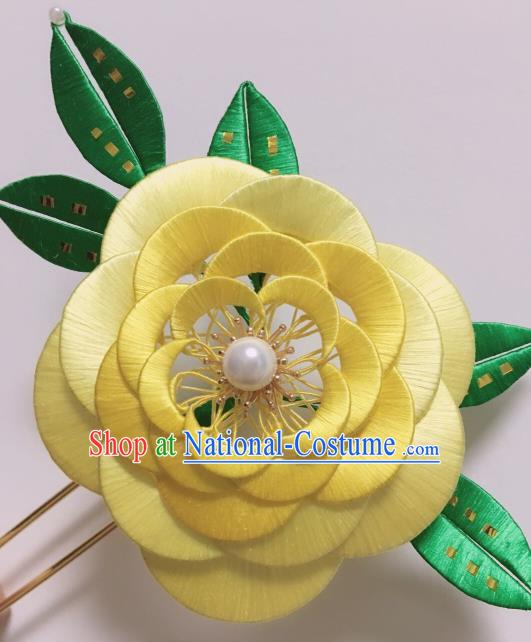 China Ancient Imperial Consort Hair Stick Traditional Song Dynasty Yellow Silk Camellia Hairpin